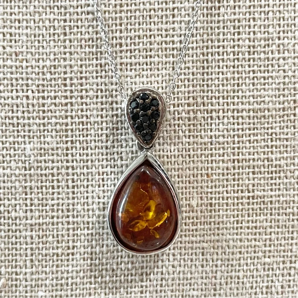 JTV Teardrop Amber and Black Stone Pendant Necklace Sterling Silver - Picture 3 of 5